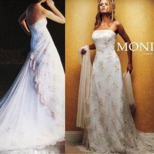 MONIQUE LUO FOR DAVID’S BRIDAL CQ102 STRAPLESS CREAM LACE WEDDING GOWN 12